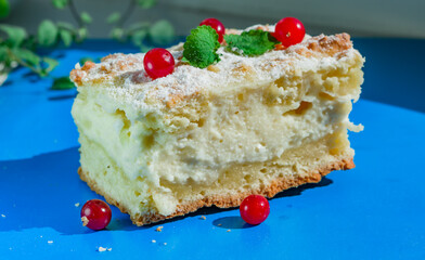 A piece of shortbread pie on sour cream with a creamy curd layer.The cake is decorated with ripe red cranberries