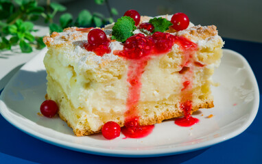 A piece of shortbread pie on sour cream with a creamy curd layer.The cake is decorated with ripe red cranberries