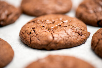 Classic chocolate chip cookies freshly baked, food background.