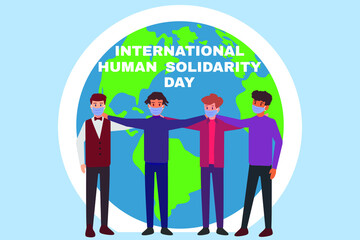 International Human Solidarity Day vector concept: Multiracial men in face mask are hugging together with International Human Solidarity Day text and world map background