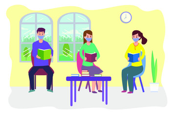 New normal vector concept: University students reading book together while wearing face mask in new normal