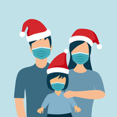 Mom, dad and kids wearing medical face mask and Santa Claus hat in flat design. Family make Christmas celebration at home during covid19 Coronavirus epidemic quarantine. Season greetings.