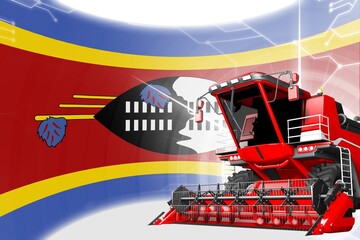 Agriculture innovation concept, red advanced rye combine harvester on Swaziland flag - digital industrial 3D illustration