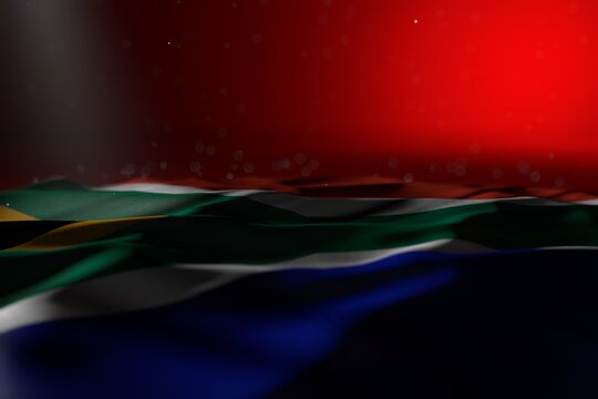 pretty any holiday flag 3d illustration. - dark image of South Africa flag lying on red background with selective focus and empty space for content