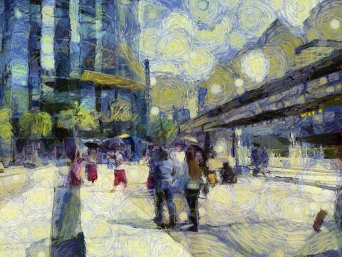 Landscape of the streets of Bangkok Illustrations creates an impressionist style of painting.