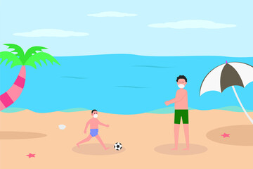 Fototapeta na wymiar New Normal vector concept: Boy and his father wearing face mask while playing football and enjoying holiday on beach during new normal life after coronavirus pandemic