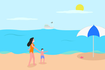 Obraz na płótnie Canvas New Normal vector concept: Little boy and his mother walking on the beach while wearing face mask and swimwear during new normal after coronavirus outbreak