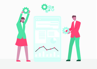 Business management vector concept: Business people working with business gear and financial graph on the virtual screen