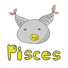 Cute round Zodiac Sign Pisces, positive character with a hairstyle in the form of two fish tails with scales and an inscription