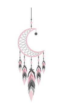 Dream catcher with moon and feathers. Hand drawn indian talisman. Ethnic bohemian design element. Vector hipster illustration isolated on white background. Flat boho style.