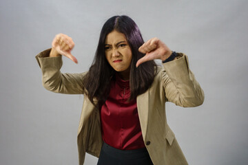 Life style portrait of a young Asian business woman in various poses, studio shot, business concept, isolated background