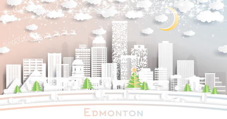 Edmonton Canada City Skyline in Paper Cut Style with Snowflakes, Moon and Neon Garland.