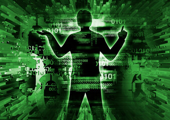 Cyber attack, hacker,computer expert man silhouette.
Stylized male silhouette, programmer, gesturing on green a background of binary codes. The image does not show real people.