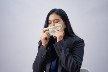 Life style portrait of a young Asian business woman in various poses, studio shot, business concept, isolated background