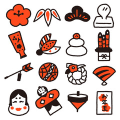 お正月のシンプルな2色の線画アイコン