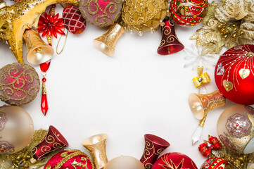 Christmas decorations ornament, new year toys of red and gold colors on white background, xmas winter holidays and celebrations concept 