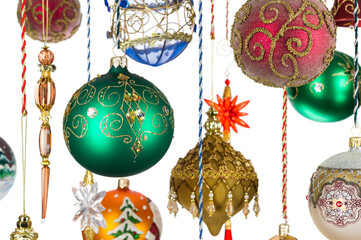 Christmas tree decoration, balls, bells, icicles and other new year toys on white background, winter holidays and celebrations, selective focus 