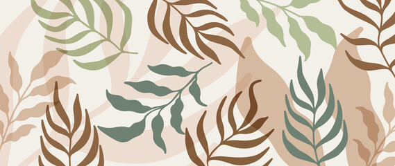 Botanical wall art vector background. Foliage line art drawing with abstract shape.  Abstract Plant Art design for print, cover, wallpaper, Minimal and  natural wall art.