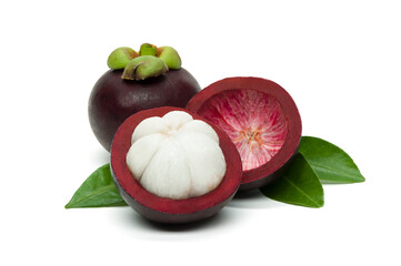 Mangosteen on white background, isolated whole exotic tropical fruit and another cut in half with peel and green leaves, healthy food 