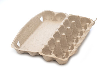 Empty eggs recycled paper tray isolated white background 