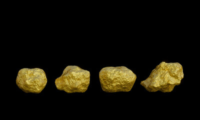 3D rendered pure gold nuggets on black background.