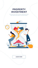 Property investment banner. Man and woman purchase house, await for generating profit from long-term investing. Rising housing market, make money in property concept for web. Flat vector illustration