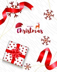 Vector illustration set of Merry Christmas greeting cards, gifts, ribbons, snowflakes, santa cap, deer, holiday wishes, social media template.