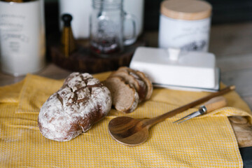 Fresh homemade bread in the kitchen, selective focus