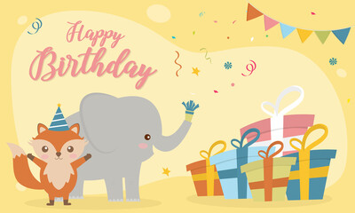 Happy birthday card with cute animals soft color, Collection of cute animal in holiday. Elephant, Fox. Template for greeting card and post. Decorate with balloon and giftbox. Vector illustration.