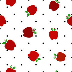 Apple red and dark red, flat vector illustration with small polka dots over white background seamless pattern.