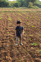 Indian cute baby boy walking in farm