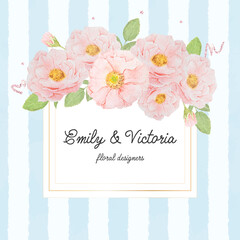 watercolor pink rose bouquet on gold square frame on blue strip background for banner or logo