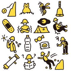 アウトドアや登山トラブルのシンプルな2色の線画アイコン