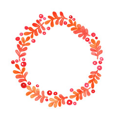 Autumn fern and red berry wreath watercolor for decoration on Thanksgiving and Christmas holiday events.