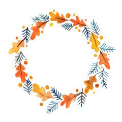 Fototapeta na wymiar Oak leaf and pine leaf wreath watercolor for decoration on Thanksgiving and Christmas events.
