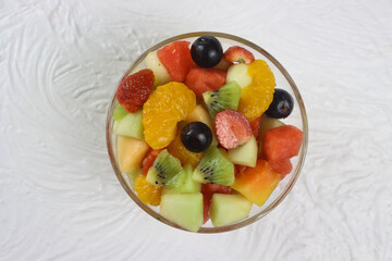 fruit salad in a glass bowl