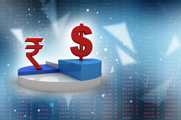 3d rendering Dollar symbol with  indian rupee and up arrow 