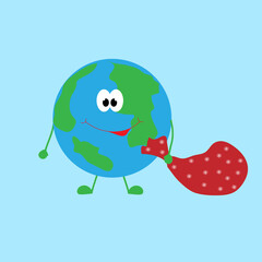 Planet Earth carries a red sack with Christmas gifts.