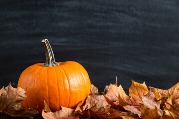 Pumpkin, fallen yellow leaves, on the table, chalkboard background. Template for design. The concept of autumn mood, halloween and Thanksgiving.