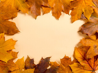 Naklejka na ściany i meble Frame and autumn leaves on a yellow background, mockup for design, place for text, concept of autumn. Copy space.