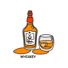 Whiskey bottle and glass outline icon on white background. Colored cartoon sketch graphic design. Doodle style. Hand drawn image. Party drinks concept. Freehand drawing style