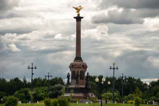 View on a cloudy summer day at the monument to the Millennium of Yaroslavl, located in Strelka Park, at the confluence of the Volga and Kotorosl rivers