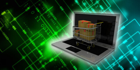3d rendering Cardboard boxes in shopping cart on laptop
