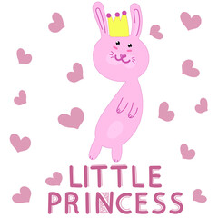 cute pink bunny princess in crown with hearts and the inscription little princess, vector childrens illustration, kawaii drawing