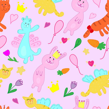 set of cute cats, bunny and fox, vector seamless pattern on pink background, cartoon and fabulous, kawaii drawing, umbrellas, balls, flowers, objects