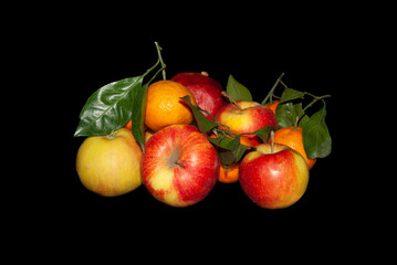 Naklejka na ściany i meble Ripe red and yellow apples with tangerines isolated on a black background close up