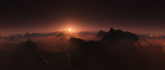 Mars at sunset, Mars at sunrise, mars surface, panorama of mars, banner, 3d rendering © ustas