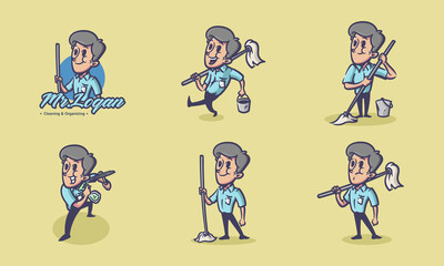 Naklejka premium vintage cleaning service in retro cartoon characters