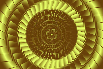 Gold round abstract vortex hypnotic spiral background. Abstract Curved Spiral Background. Geometric swirl background. Golden Metallic Rotating Hypnotic Pattern. 3d Illustration
