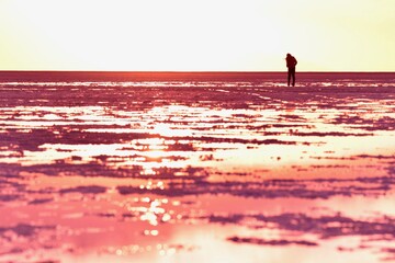 A woman standing in Uyuni salt lake
